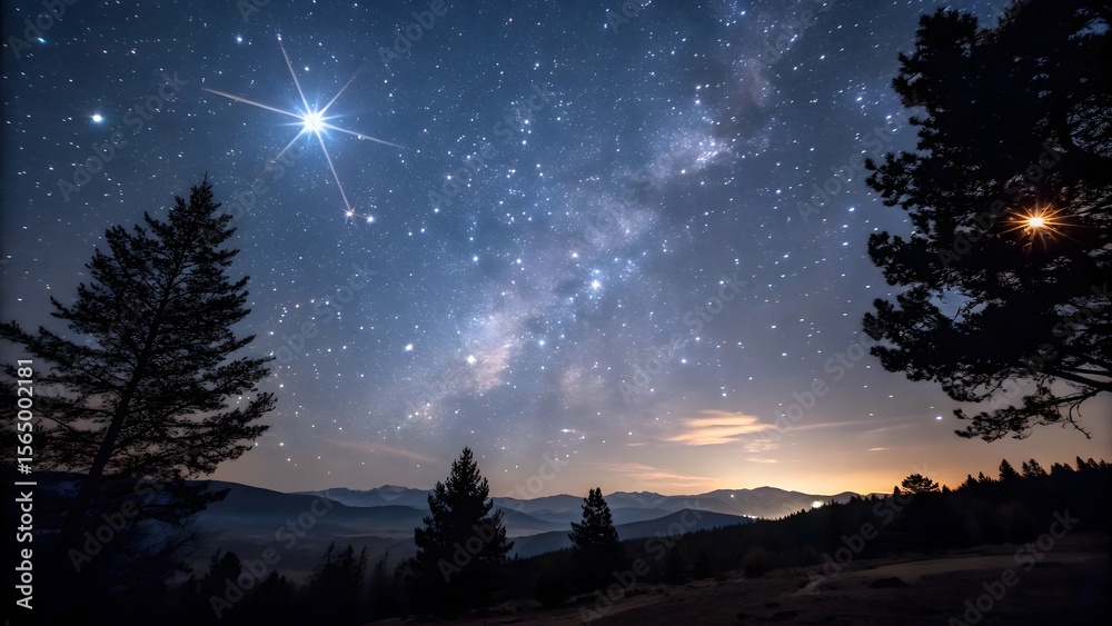 Fototapeta premium Serene Night Sky: Milky Way, Mountains, and Silhouetted Trees Under a Starlit Expanse