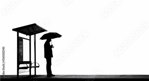 Silhouette of a person with an umbrella standing at a bus stop in a monochrome high contrast image style