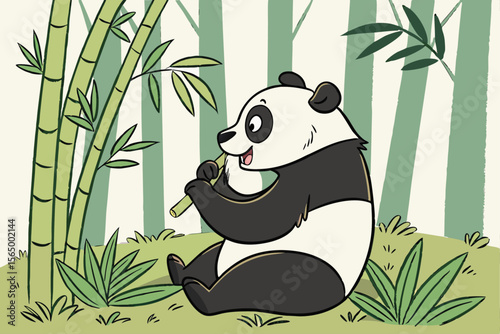 Giant Panda Sitting and Eating Bamboo in Natural Habitat