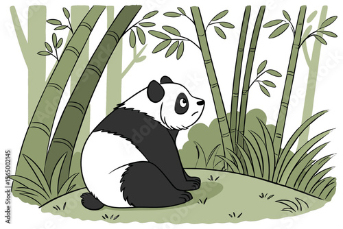 Giant Panda Sitting and Eating Bamboo in Natural Habitat