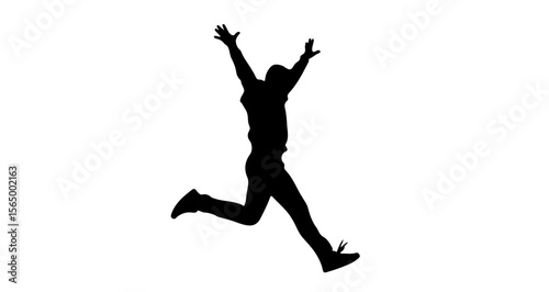 Silhouette of a person jumping with arms raised in the air against a white background showing joy and energy