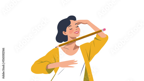 A young woman stretching playfully with a large pencil.