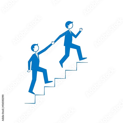Blue Silhouette Businessmen Ascending Stairs Together: Teamwork, Support, Success