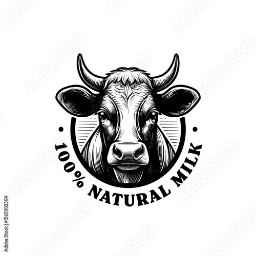 cow on white background , a cow head inside a circle with natural milk text