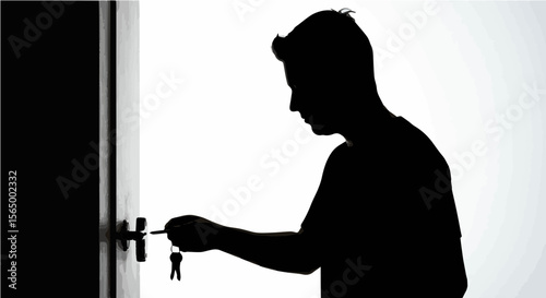 Silhouette of a person inserting a key into a door lock against a bright white background scene view