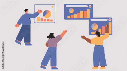 Three people presenting data on charts and graphs in a business meeting or presentation setting here