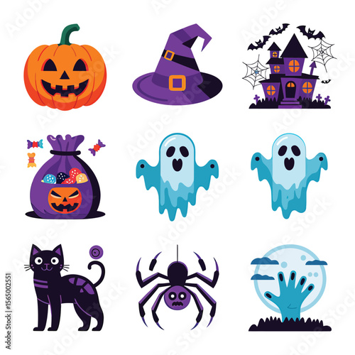 2d vector illustration Halloween t shirt icon design items ghost character Candles in carved pumpkin
