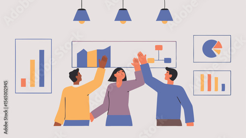 Three people high fiving in front of data charts and graphs under hanging lights in a bright room
