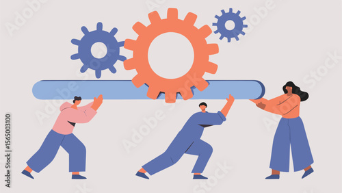 Teamwork illustration of people holding a bar with gears above symbolizing collaboration effort design