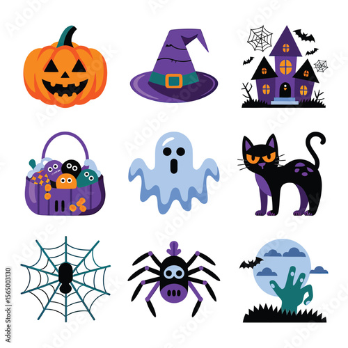2d vector illustration Halloween t shirt icon design items ghost character Candles in carved pumpkin
