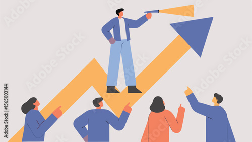 Man standing on arrow looking through telescope with team pointing upwards in a business setting