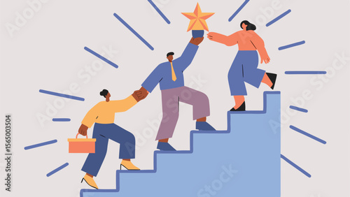 Teamwork and success concept illustration showing people climbing stairs to achieve a golden star trophy