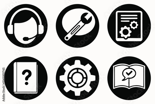 Set of six circular icons representing customer support technical assistance and information resources
