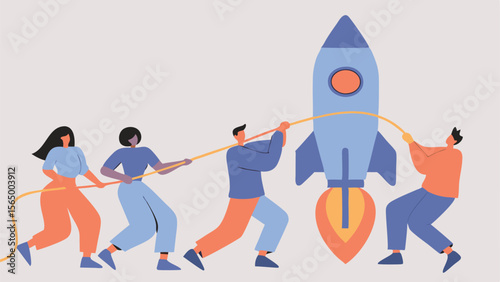 Team of people pulling a rope attached to a blue rocket ready to launch with orange flames below it