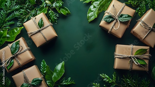 a group of brown wrapped presents surrounded by gr