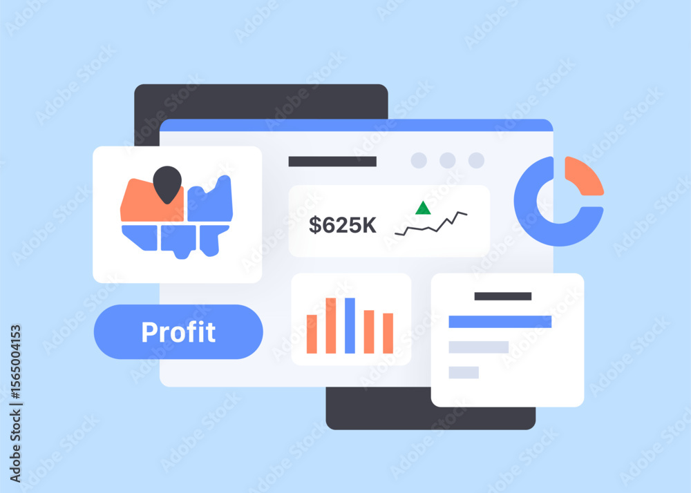 Fototapeta premium Interactive dashboard showing business data trends. Custom charts for insights and performance analysis. Clean interface for flexible visualization. Flat Minimalist UI vector illustration