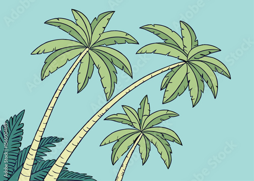 Flat style tropical palm grove – vector illustration of exotic palm trees in a warm landscape