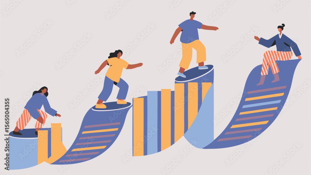 Fototapeta premium People navigating a rising bar graph with a winding path towards success and achievement goal setting