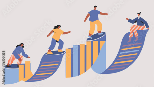 People navigating a rising bar graph with a winding path towards success and achievement goal setting