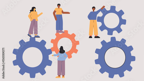 Illustration of people interacting with gears representing teamwork and collaboration concept design art