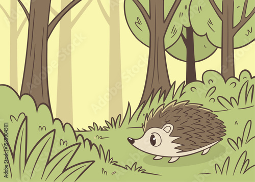 Hedgehog in forest grass – vector illustration of cute woodland animal in natural habitat