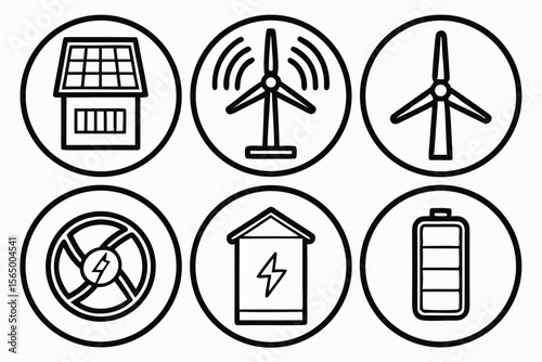 Collection of renewable energy icons including solar power wind turbines and battery storage
