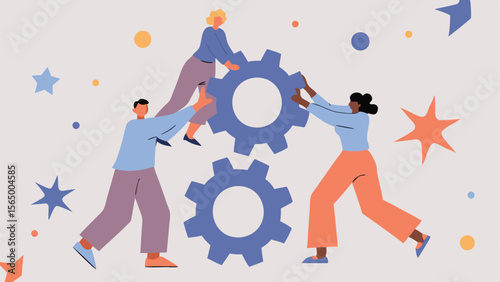 Team of people working together to connect gears and stars in a collaborative effort towards success
