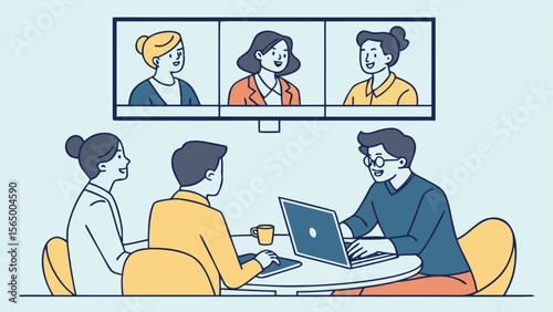 Hybrid office meeting with in-person team and remote participants – flat vector illustration of collaborative workspace