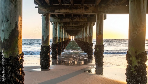 Underneath a pier, ocean view at the horizon with warm light