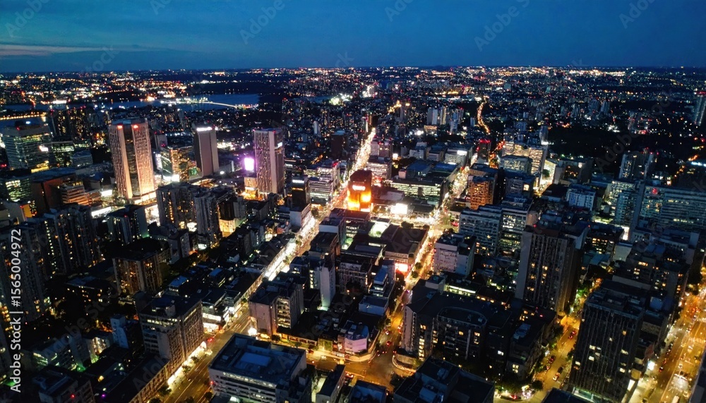 Obraz premium Illuminated cityscape at dusk; aerial view with skyscrapers and streetlights