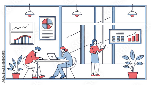 Modern office workspace with team collaboration – flat vector illustration of coworkers working together