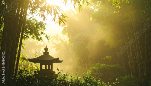 Sun-drenched bamboo forest scene with a stone lantern