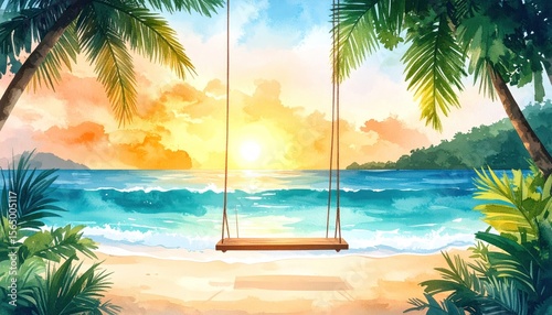 Beach swing facing sun, tropical leaves. Blue ocean and sky with orange/pink cloud blend