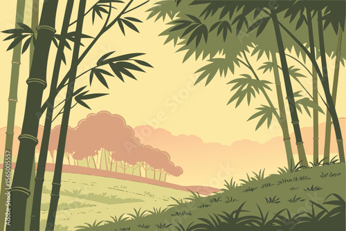Bamboo Grove in Sunrise – Vector.