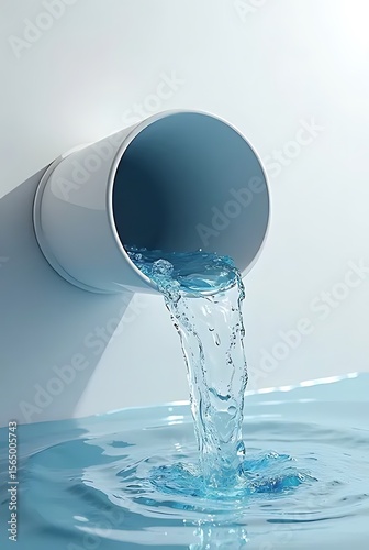 White pipe pouring clear blue water into rippling liquid image