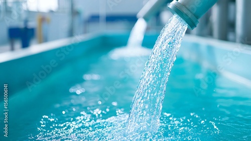 An advanced wastewater treatment section within a chemical plant, with clear, purified water flowing out into a clean natural environment, highlighting responsible effluent management