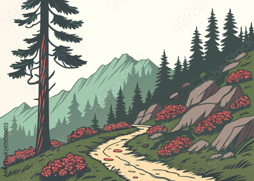 Mountain forest trail – vector design of winding path through pine trees in mountainous landscape