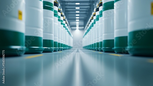 An illuminated, secure hazardous waste storage area at a chemical facility, with specialized containers and monitoring equipment, ensuring safe disposal and containment