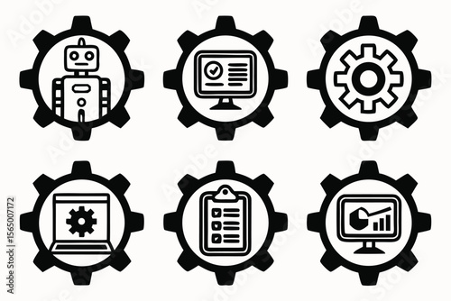 Set of six black and white icons representing technology and automation within gears
