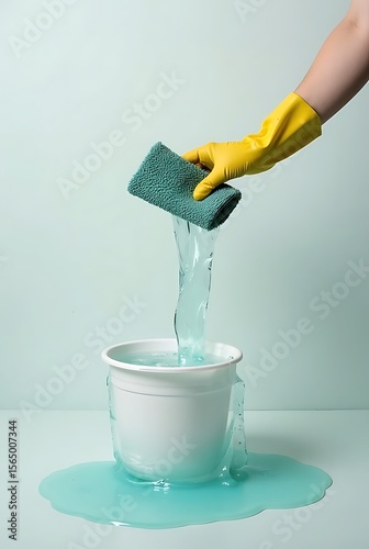 Yellow gloved hand pouring turquoise liquid from cloth into bucket cleaning water
