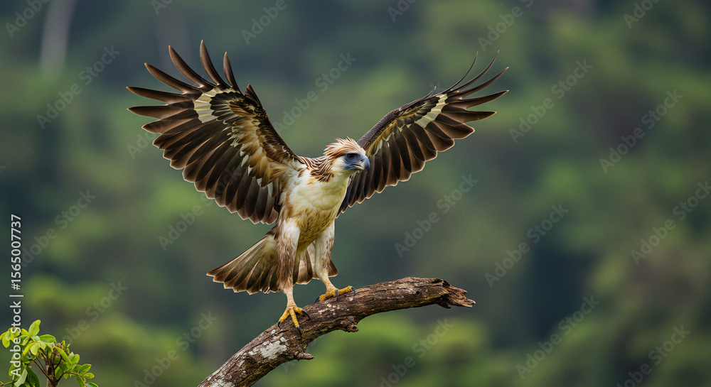 Obraz premium Raptor spreading wings on branch, sharp gaze, ready to fly.