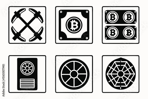 Collection of bitcoin mining and cryptocurrency icons in a grid layout