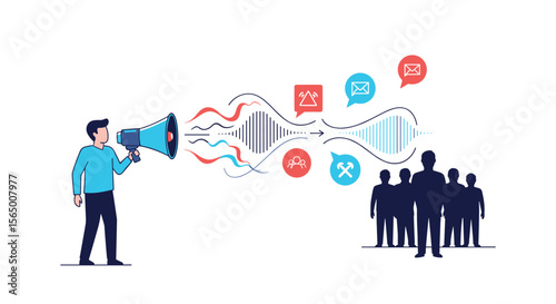 Man with Megaphone Broadcasting Information Through Funnel to Targeted Audience for Communication Campaign