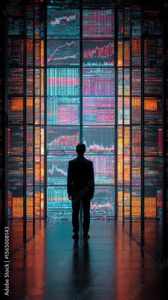 Fototapeta premium Data Overload: A Man Contemplates the Immense Wall of Financial Information