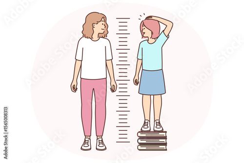 Little girl stands on books measuring growth and wants to compete with older sister