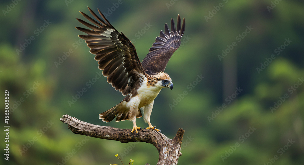 Fototapeta premium Raptor spreading wings on branch, sharp gaze, ready to fly.