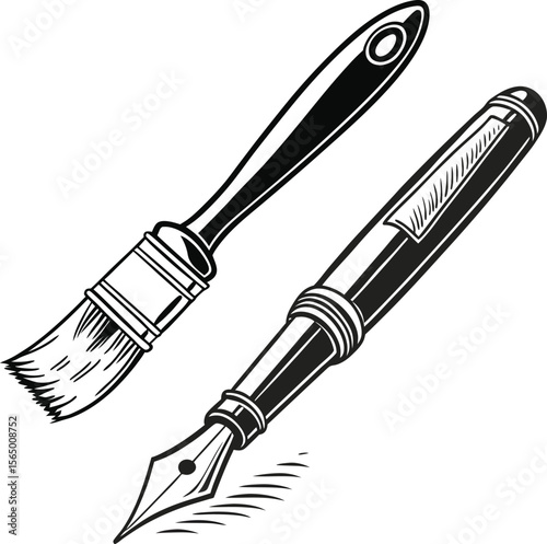 Paintbrushes, pens, and other writing and art tools are isolated objects for school, office, or business
