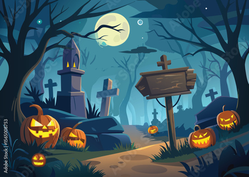 Spooky Halloween night with scary pumpkins, bats, and a dark castle silhouette under an autumn moon, perfect for a horror holiday celebration vector illustration