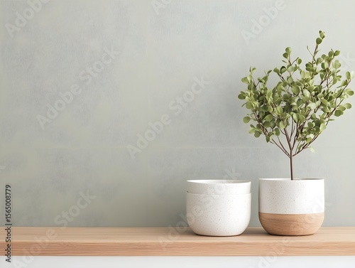 two white vases sitting on a wooden shelf