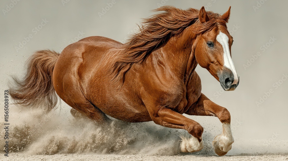 Fototapeta premium Majestic horse galloping through sandy terrain with flowing mane during sunny afternoon